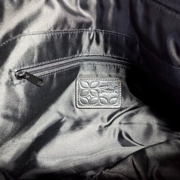 Fossil Purse Brown Black Signature Canvas Tote Shoulder Bag Boho Preppy Travel - Picture 9 of 13